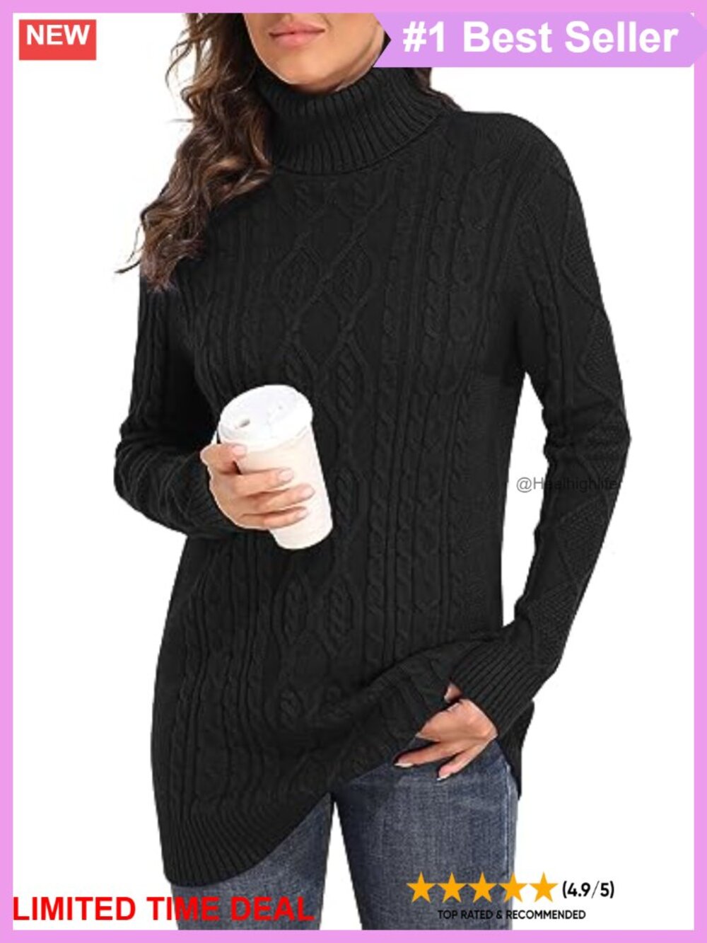 PrettyGuide Long Turtleneck Cable Knit Tunic Sweater Pullover